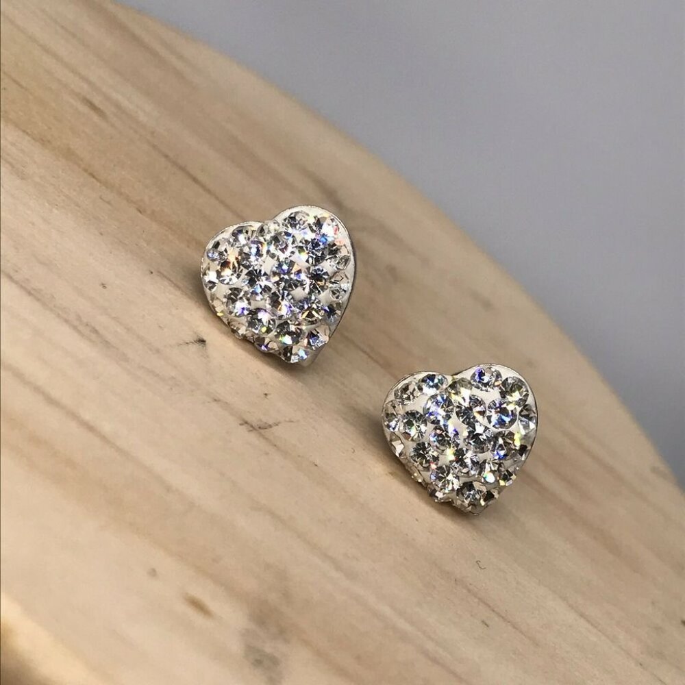 Authentic 925 Sterling Silver Heart Shaped Earrings with Sparkly White Stones